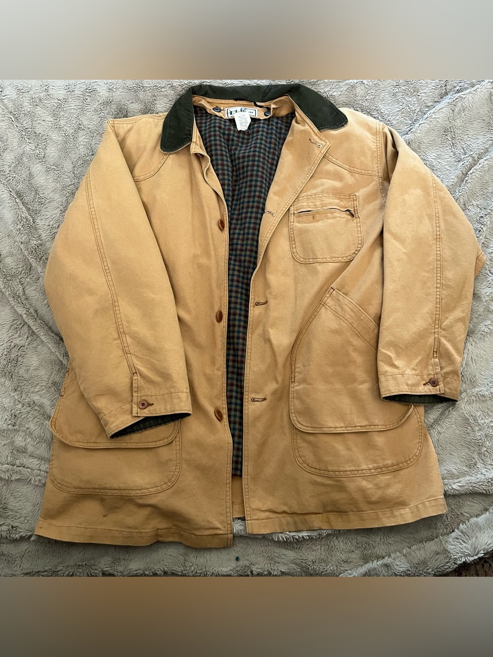 L.L. Bean Tan Canvas Field Jacket with Dark Olive Cord Collar - Lined